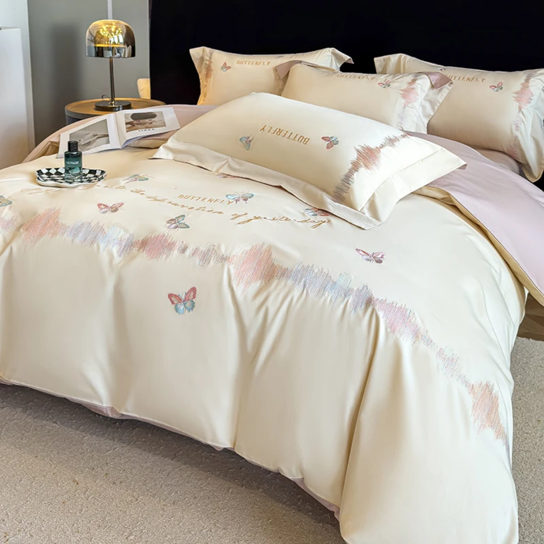 Cream Cotton Butterfly Kids Bedding Set (Cream + Purple)