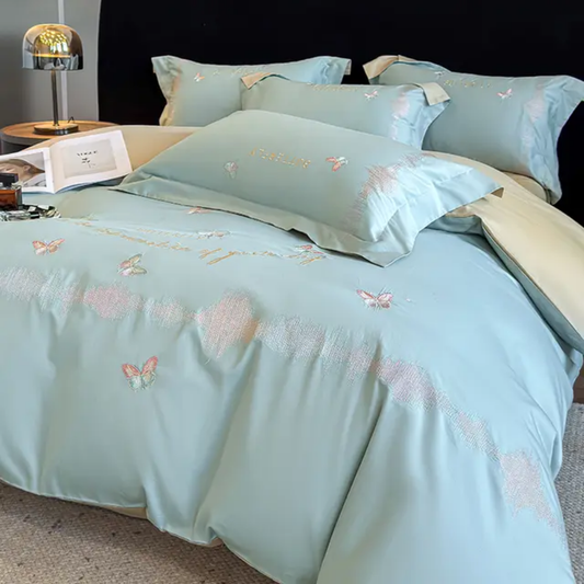 Blue Cotton Butterfly Kids Bedding Set (Blue + Cream)